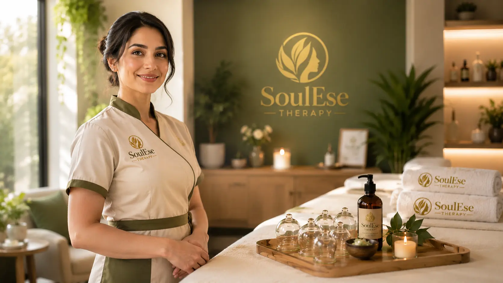 Therapist preparing a calming treatment room at SoulEse Therapy